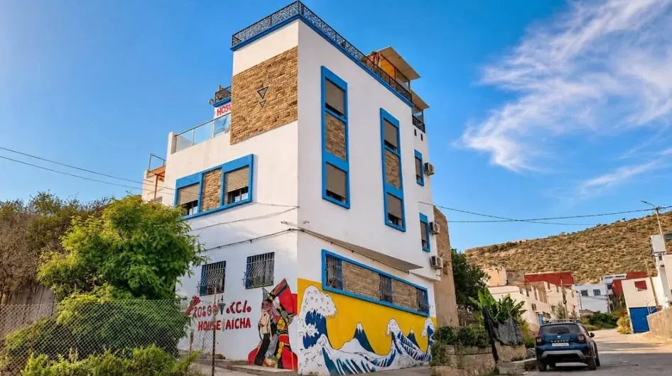 Blue and white accommodation building